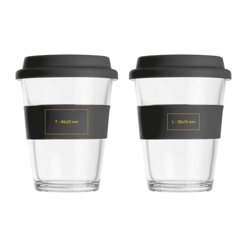 Cană din sticlă cu manșon și capac din silicon. Negru