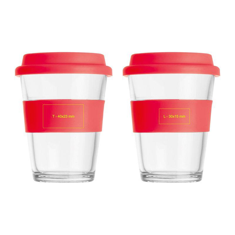 Cană din sticlă cu manșon și capac din silicon. Roșu