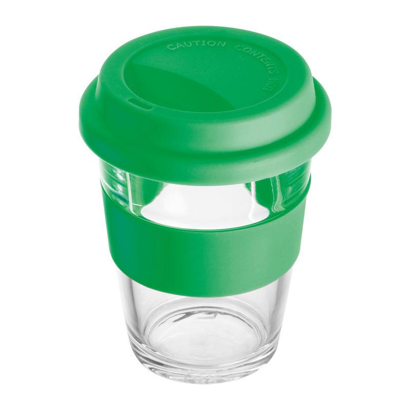 Cană din sticlă cu manșon și capac din silicon. Verde