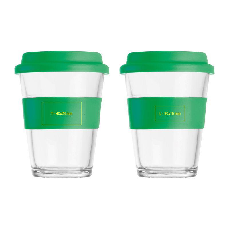 Cană din sticlă cu manșon și capac din silicon. Verde