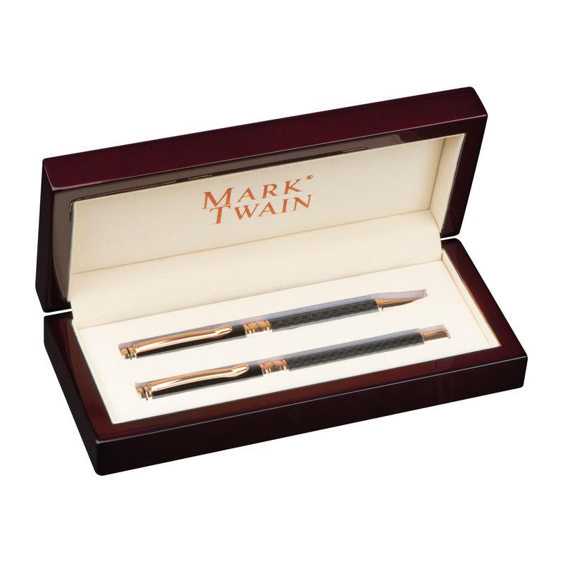 Set de scris Mark Twain în cutie de lemn Negru