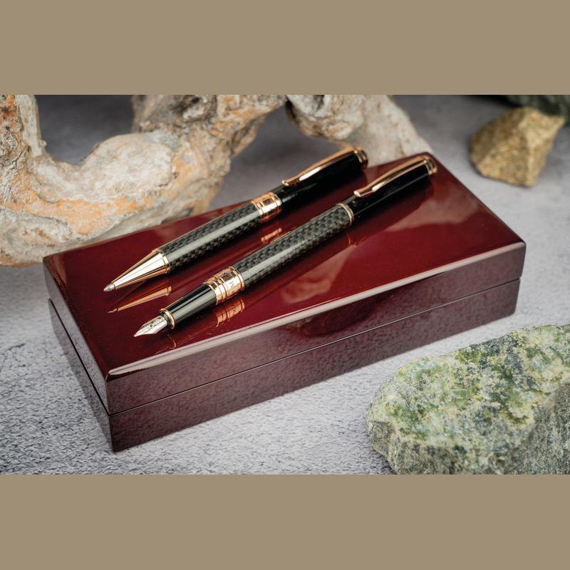 Set de scris Mark Twain în cutie de lemn Negru