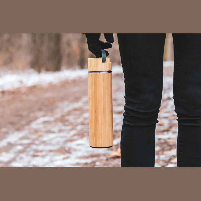 Sticlă termos de băut din oțel inoxidabil și bambus Beige