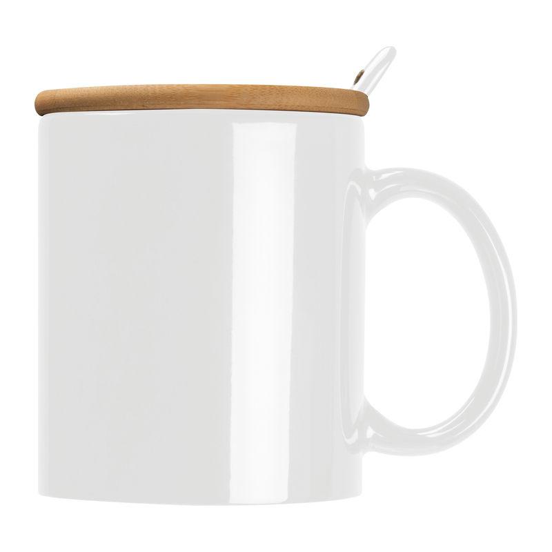 Cană ceramică cu linguriță și capac din bambus Alb