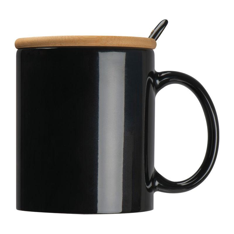Cană ceramică cu linguriță și capac din bambus Negru