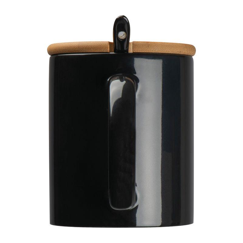 Cană ceramică cu linguriță și capac din bambus Negru