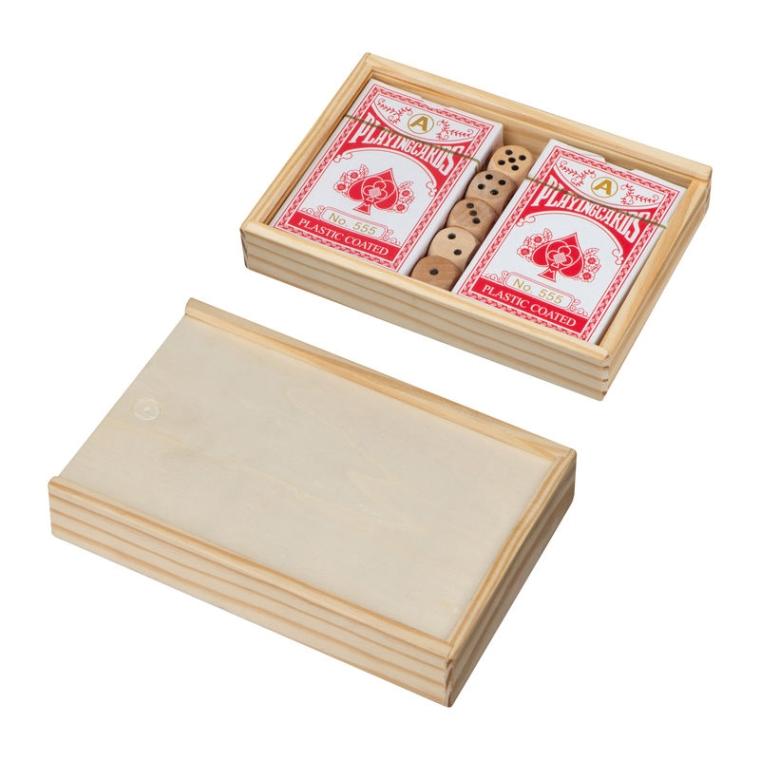 Set de cărți de joc în cutie de lemn cu zaruri Beige